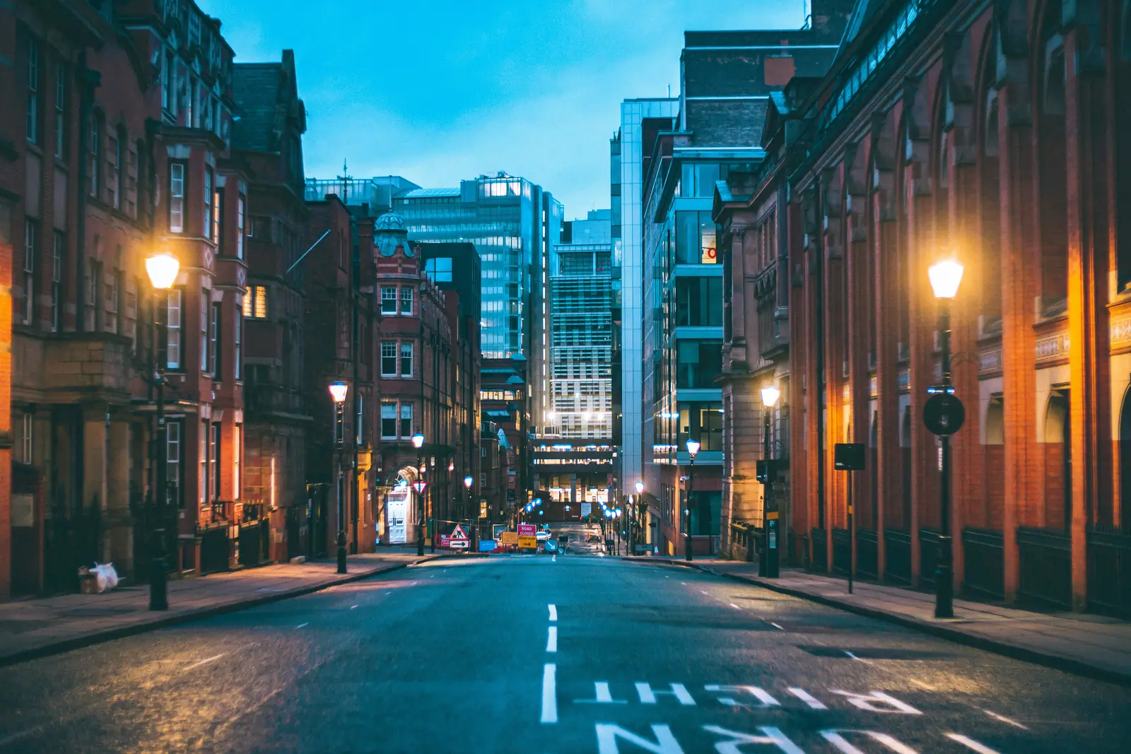 Birmingham city centre street at dusk