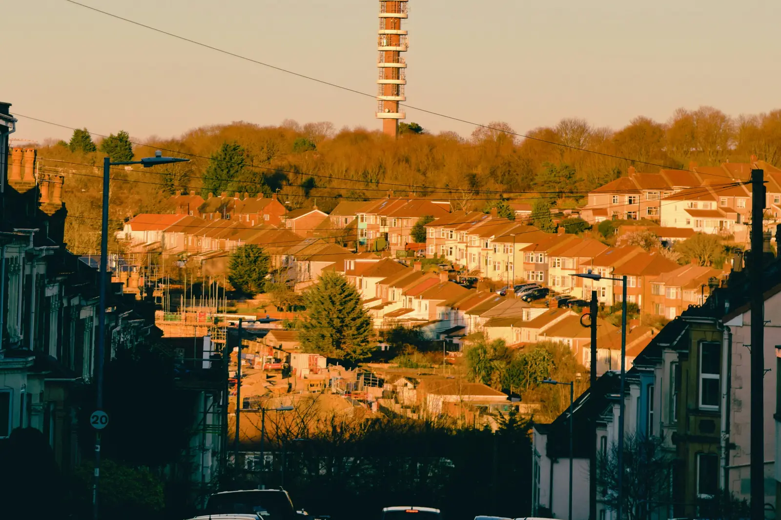 Bristol homes and the Purdown telecommunications tower at sunset