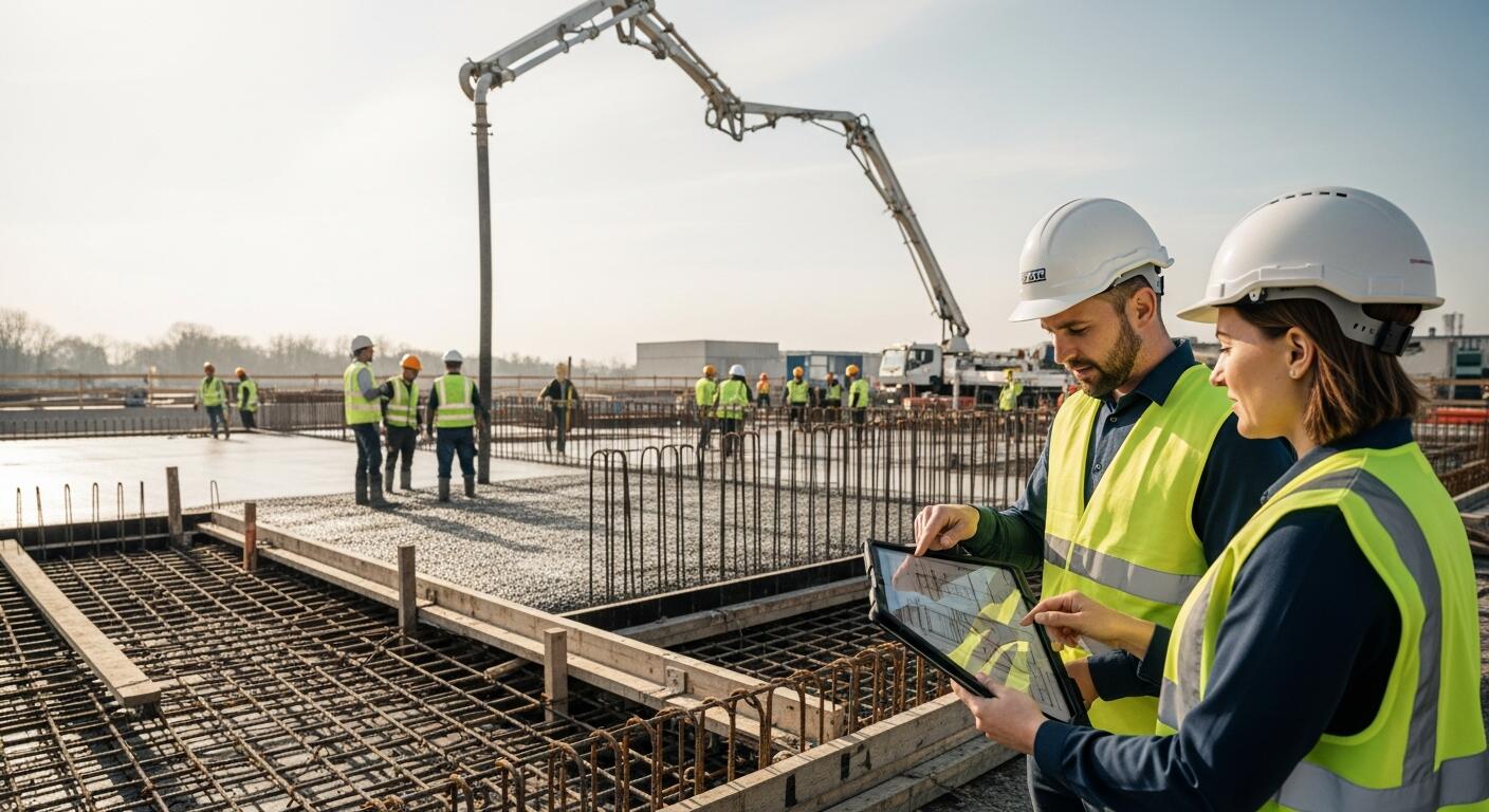 Industrial construction site with engineers reviewing technical drawings